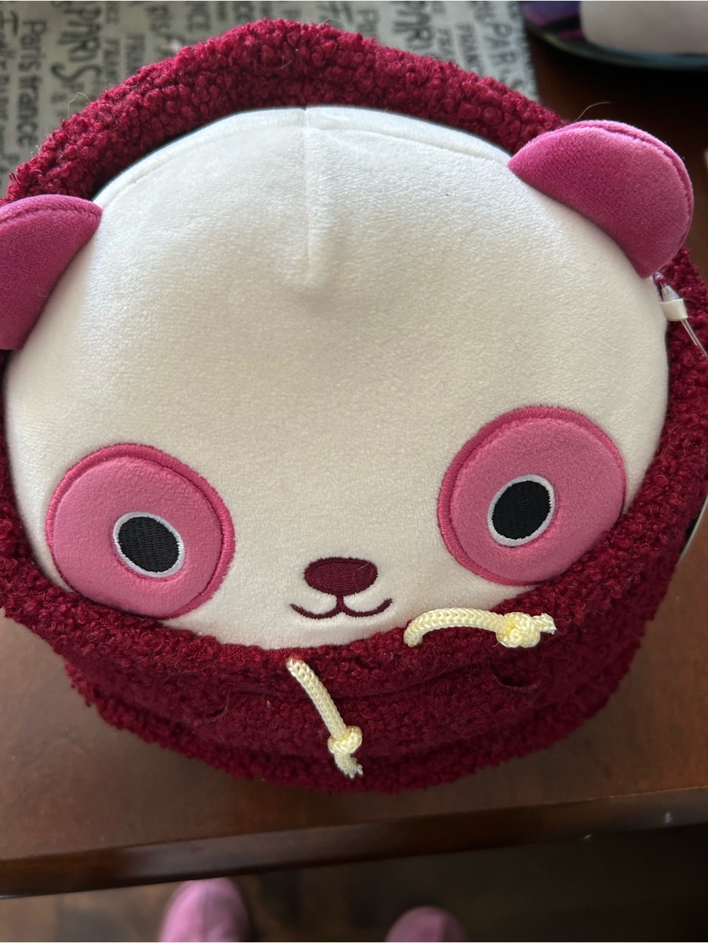 3 Squishy Plush Panda Stuffed Animal with Burgundy Hood and Pink Accents